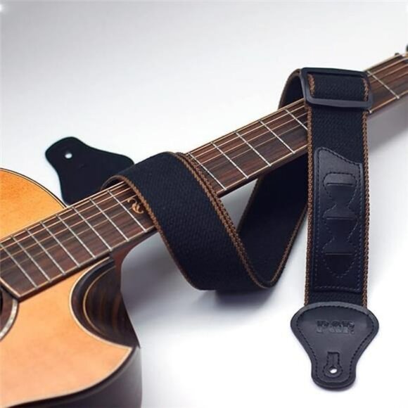 Guitar Strap Black Cotton Adjustable PU Leather Ends Picks Locks Buttons Set - Picture 6 of 7